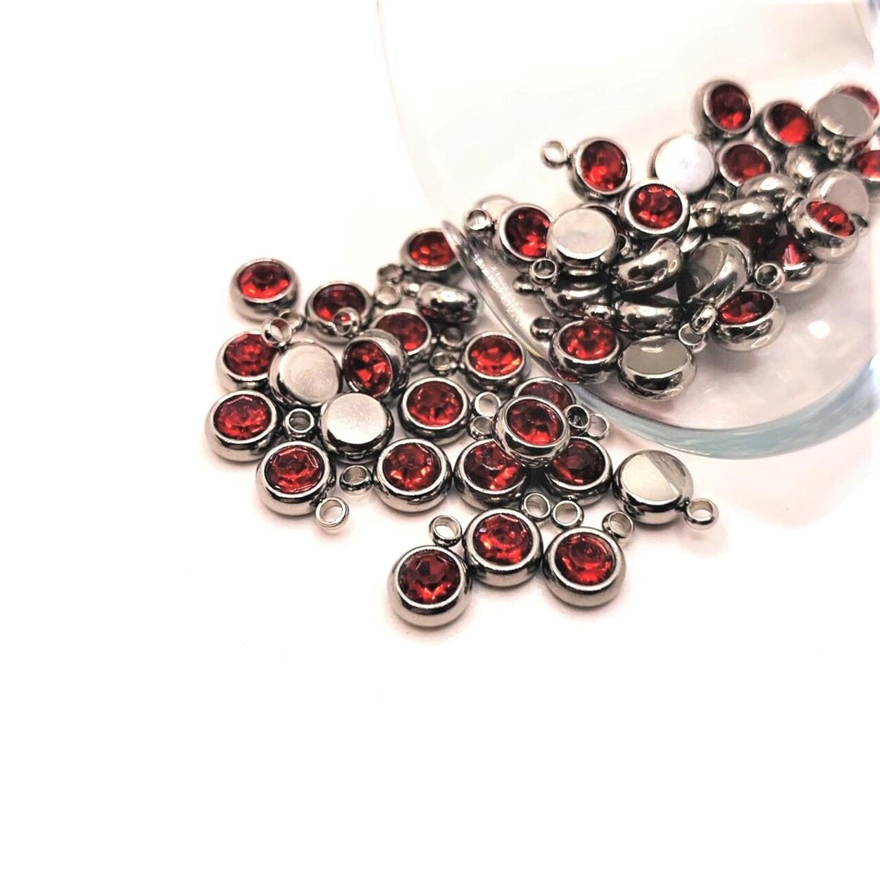 201 Stainless Steel, Bright Red Ruby July Birthstone Rhinestone Charms, 8x6mm